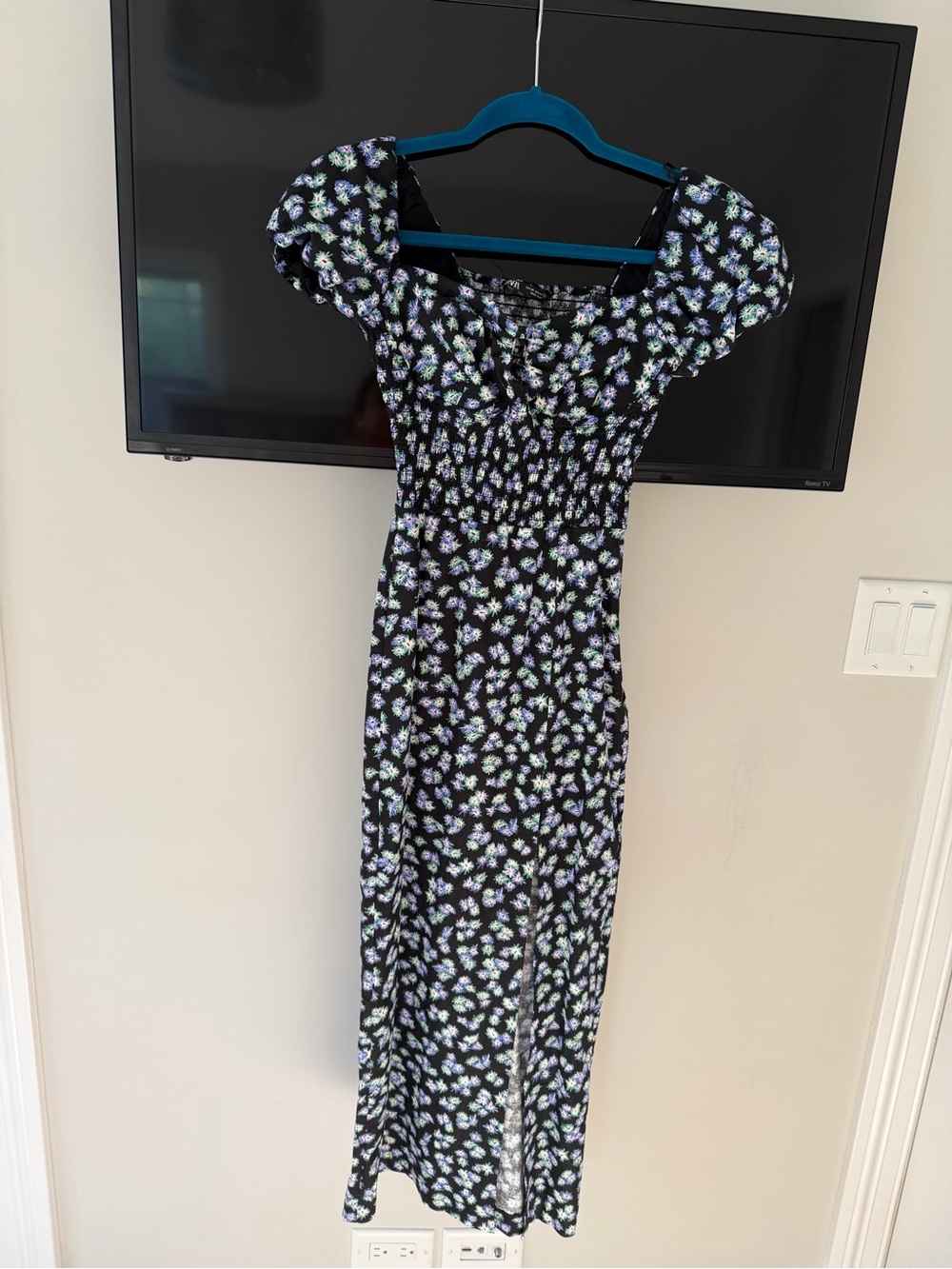 Zara Black Floral Puff-Sleeve Maxi Dress with Blue Accents